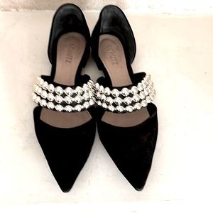 SCHUTZ Black Ballet Flats Gold Ball Suede Leather 8.5 or 39 Statement Brasil